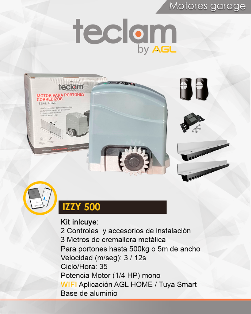 KIT IZZY 500 KG TECLAM INCLUYE MOTOR,  3 MESTROS DE CREMALLERA, 2 CONTROLES Y LA APP PARA EL CELULAR