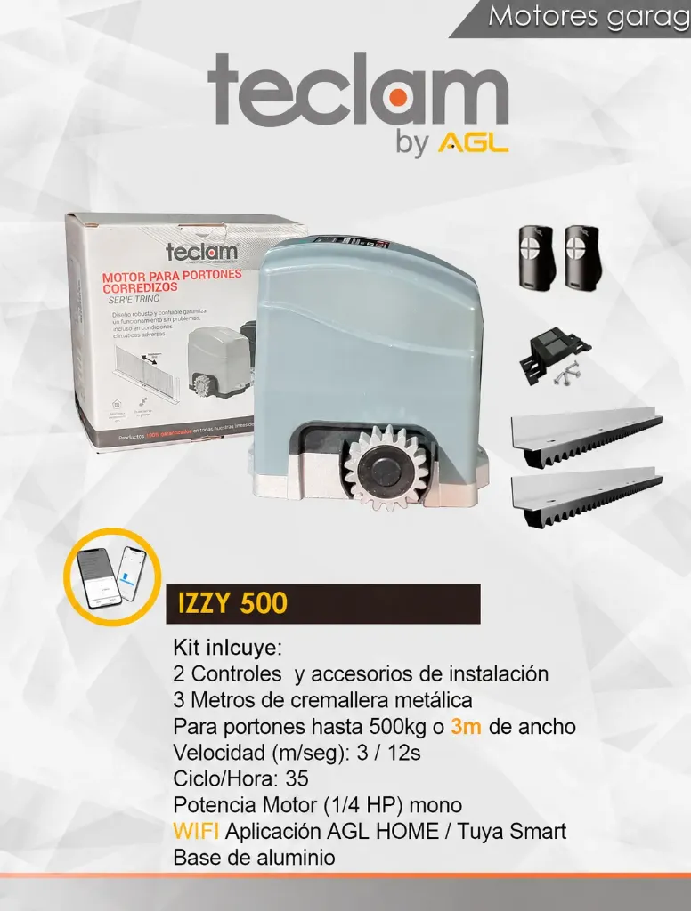 KIT IZZY 500 KG TECLAM INCLUYE MOTOR,  3 MESTROS DE CREMALLERA, 2 CONTROLES Y LA APP PARA EL CELULAR