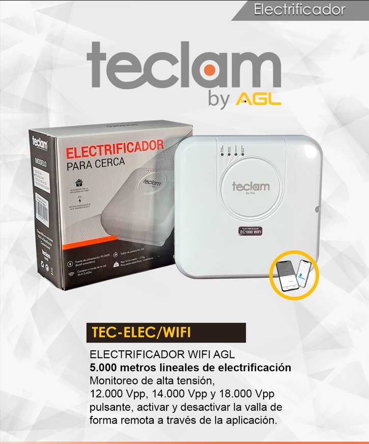  ELECTRIFICADOR WIFI  AGL- 5.000 METROS LINEALES DE ELECTRIFICACIÓN, MONITOREO DE ALTA TENSIÓN 12.00VPP, 14.00 VPP Y 18.000  VPP CON SU FUNCION DE ACTIVAR Y DESACTIVAR LA VALLA DE FORMA REMOTA A TRAVÉS DE LA APLICACIÓN.
