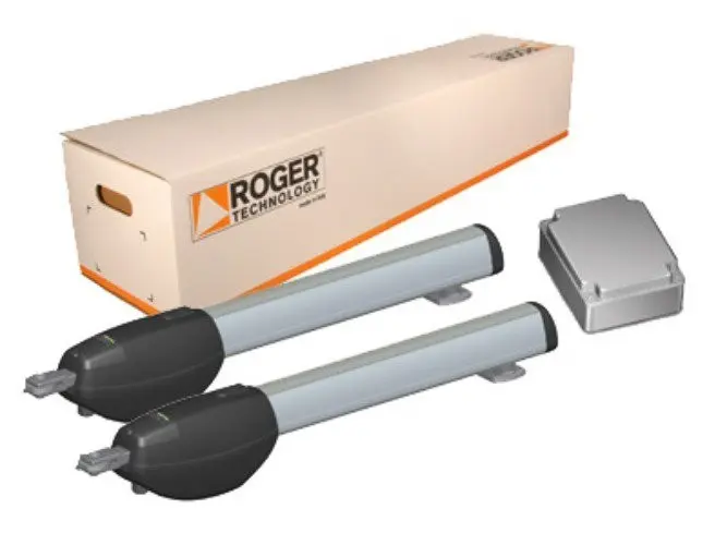 KIT MOTOR BATIENTE ROGER 2TX-IRX 4M/ INCLUYE CENTRAL, 2 BRAZOS , 2 CONTROLES, ENTRADA FOTO CELDAS