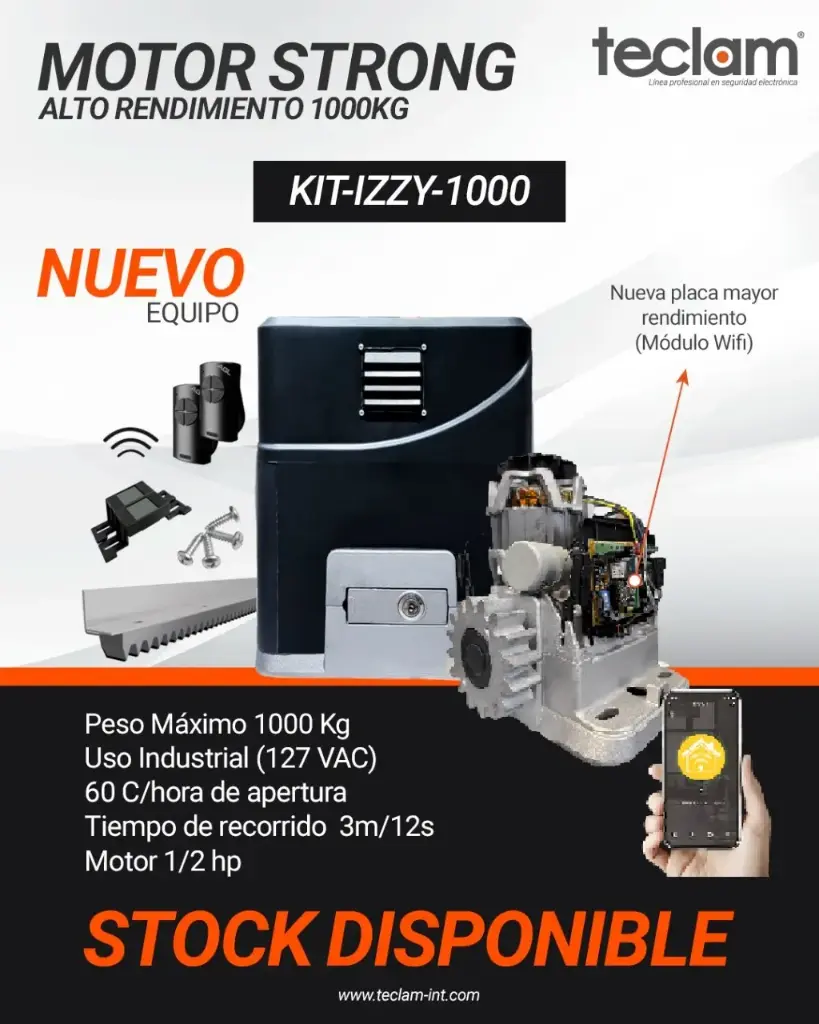 [KIT-IZZY-1000] MOTOR  TECLAM INDUSTRIAL  DE 1000KG PARA CONJUNTO  CON CREMALLERA DE ALUMINIO DE 3M  
