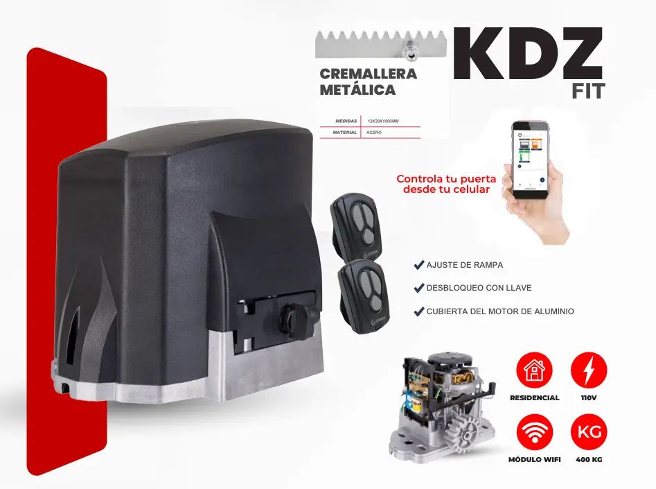 KIT MOTOR CORREDIZO  GAREN  K-FIT-400 KG-M 400 kg Tipo: Residencial 20 ciclos por hora Incluye motor, 2 controles remotos, 3 cremalleras livianas metálicas de 1 mtr c/u, manual, accesorios GRATIS. Módulo de apertura con celular Wi-F