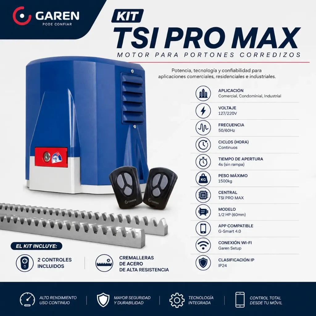 KIT GAREN 6 ELEMENTOS INCLUYE: 1 GKDZ1500KG TSI PRO 1/2HP, 2 CONTROLES, 3 METROS DE CREMALLERA ACERADA