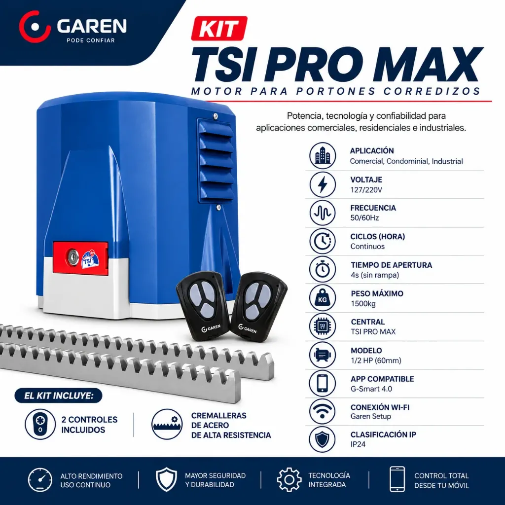 KIT GAREN 6 ELEMENTOS INCLUYE: 1 GKDZ1500KG TSI PRO 1/2HP, 2 CONTROLES, 3 METROS DE CREMALLERA ACERADA