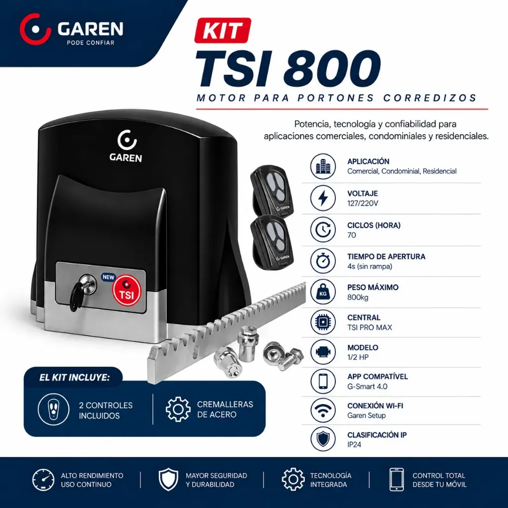 KIT MOTOR CORREDIZO GAREN KDZ TSi 800KG SEMI INDUSTRIAL DE 1/2 HP BIVOLT PIÑON METALICO, 2 CONTROLES