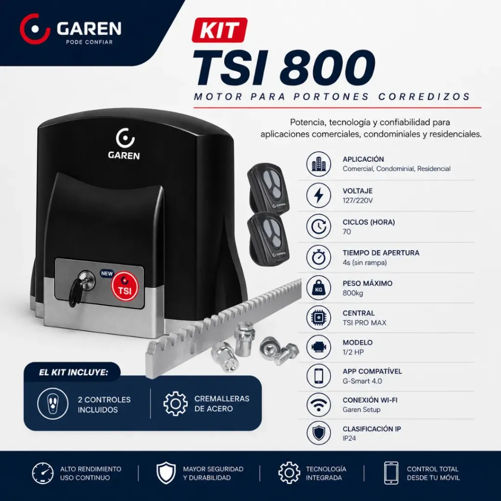 KIT MOTOR CORREDIZO GAREN KDZ TSi 800KG SEMI INDUSTRIAL DE 1/2 HP BIVOLT PIÑON METALICO, 2 CONTROLES