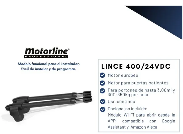 Lince 400-DC / Brazos  KIT Incluye: -02 Motores de brazo electromecánicos, potencia 24V-DC -01 Central electrónica -02 Controles remoto FALK, frecuencia 433.92                                                                                                                                         - 01 Accesorios de montaje y 02 llaves