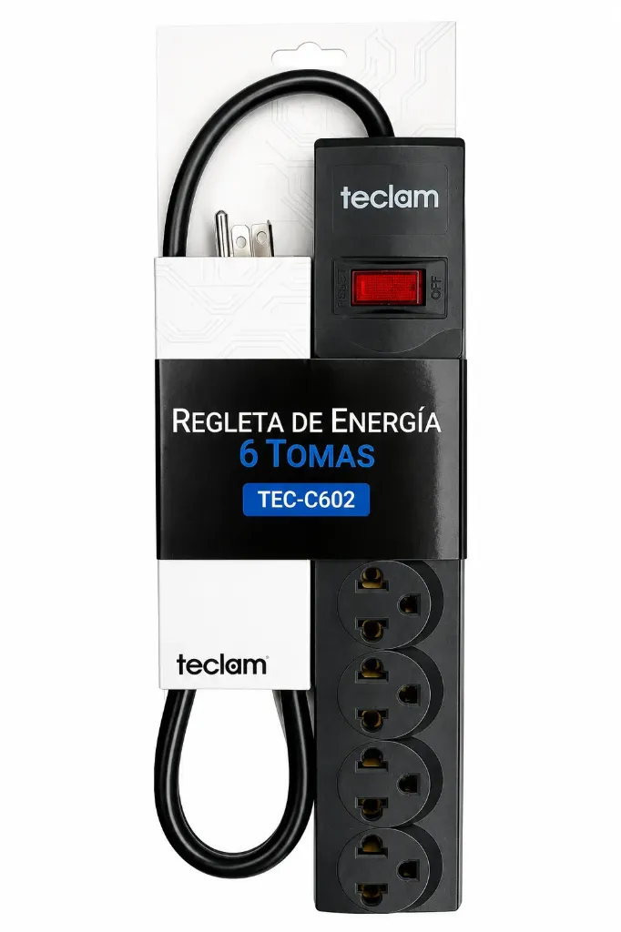 TEC-C602 REGLETA 6 TOMAS, INTERRUPTOR, 125V / 13A, NEGRO.