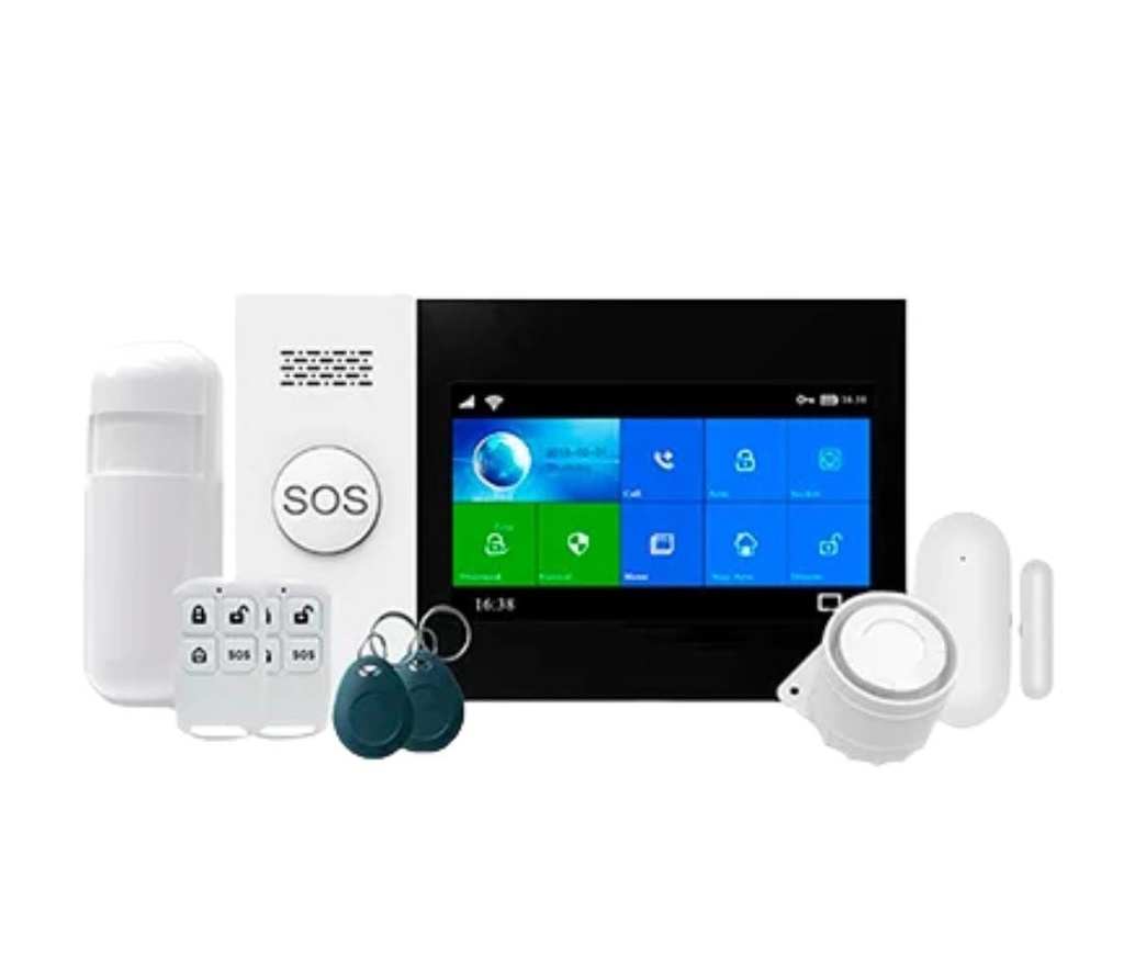 KIT ALARMA GSM WIFI TOUCH: 1 MODULO GSM/WIFI, 1 SM, 2 CR, 2 TP, 1 SP 1 FUENTE, 1 MINI SIRENA CABLEADA
