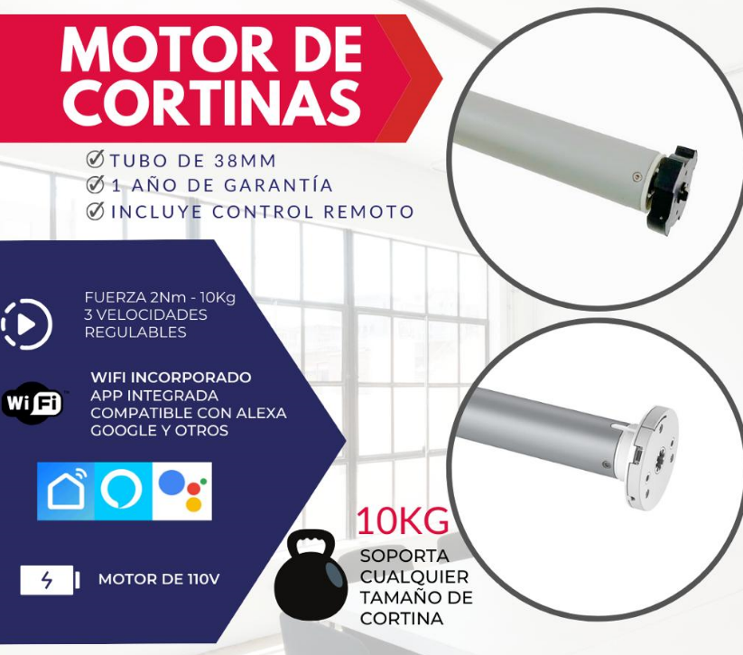 MOTOR DE CORTINA ROLLER 38MM 10KG 3 VELOCIDADES INCLUYE CONTROL COMPATIBLE CON ALEXA Y GOOLGE HOME