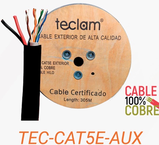 [TEC-UTP-CAT5E-AUX] CABLE UTP CAT 5E 100% COLOR NEGRO + 1 PAR GEMELO 18 SIAMES 