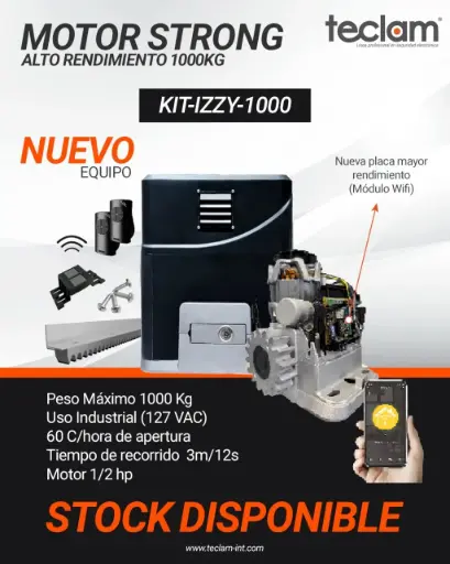[KIT-IZZY-1000] MOTOR  TECLAM INDUSTRIAL  DE 1000KG PARA CONJUNTO  CON CREMALLERA DE ALUMINIO DE 3M  
